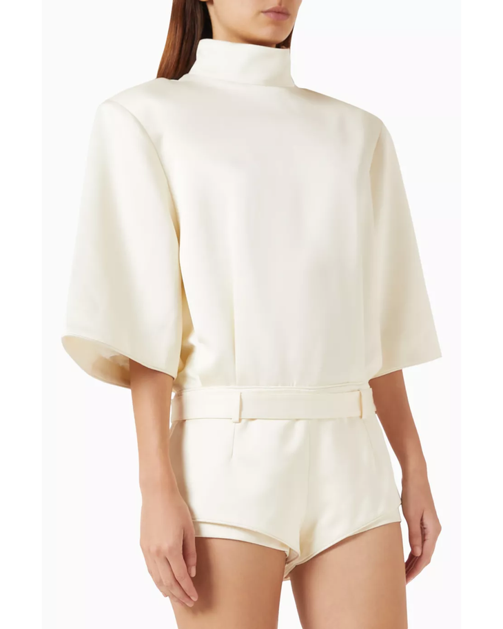 Cream tailored boxy playsuit with high neckline and matching belt — Arakii | Endless UAE