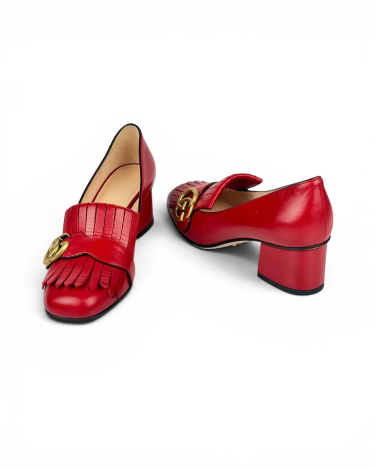 Red leather GG Marmont loafers with fringe and gold hardware — Gucci | Endless UAE