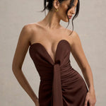 Burgundy satin plunge-neck draped maxi dress with ruched waist detail — Club L London | Endless UAE