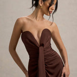 Burgundy satin plunge-neck draped maxi dress with ruched waist detail — Club L London | Endless UAE