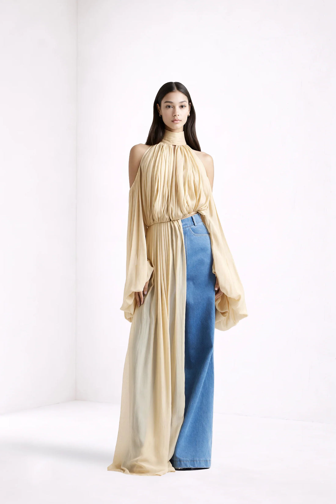 Sage Dress in cream with draped cold-shoulder sleeves and blue denim panel — Deme By Gabriella | Endless UAE