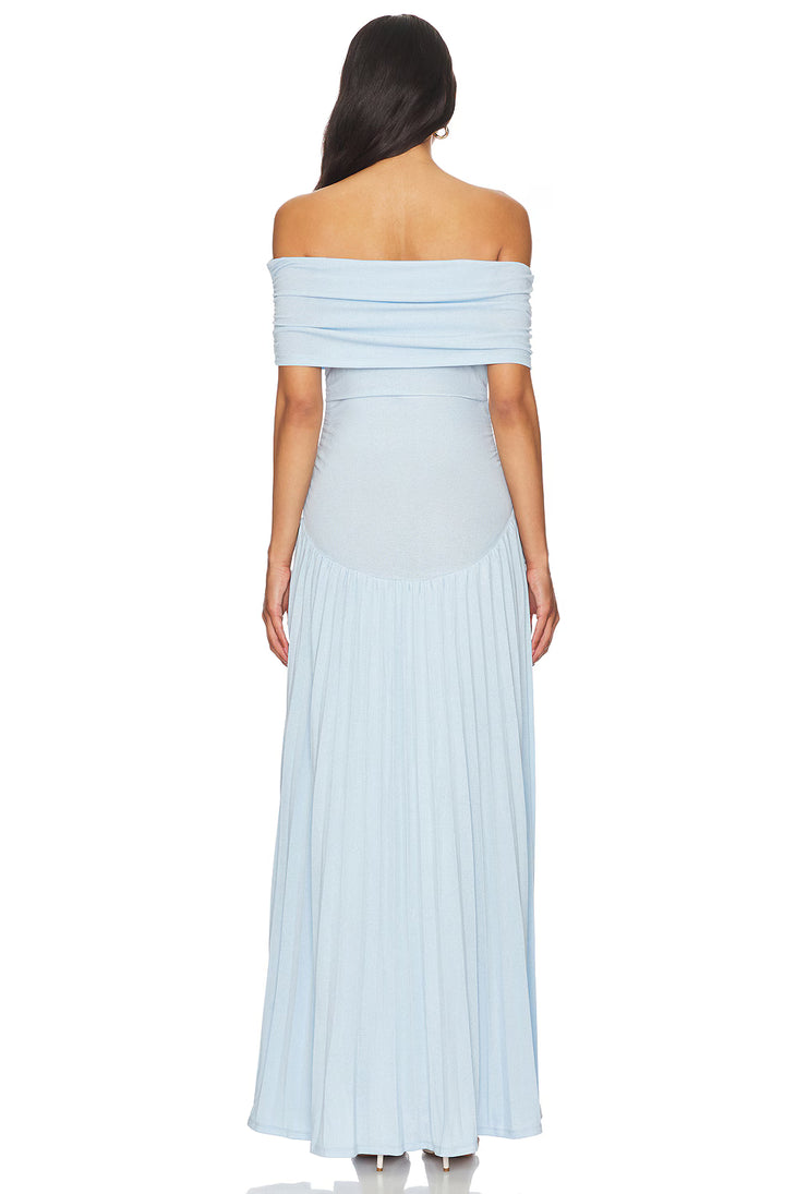 Light blue off-shoulder pleated maxi dress with ruched detailing — Lioness | Endless UAE