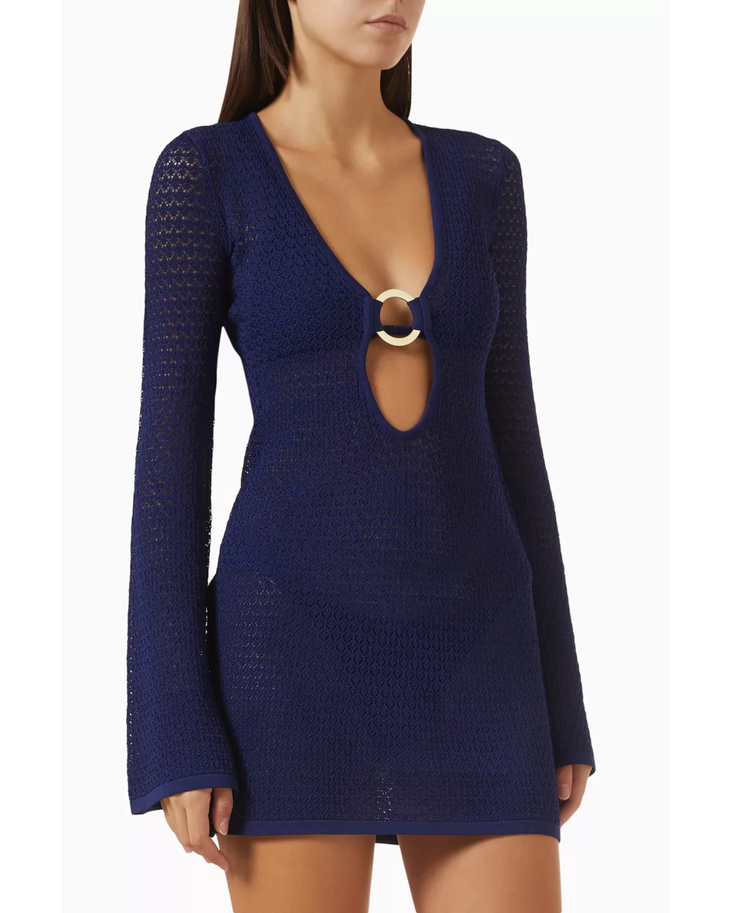 Navy textured mini dress with plunging neckline and ring detail — Monday Swimwear | Endless UAE