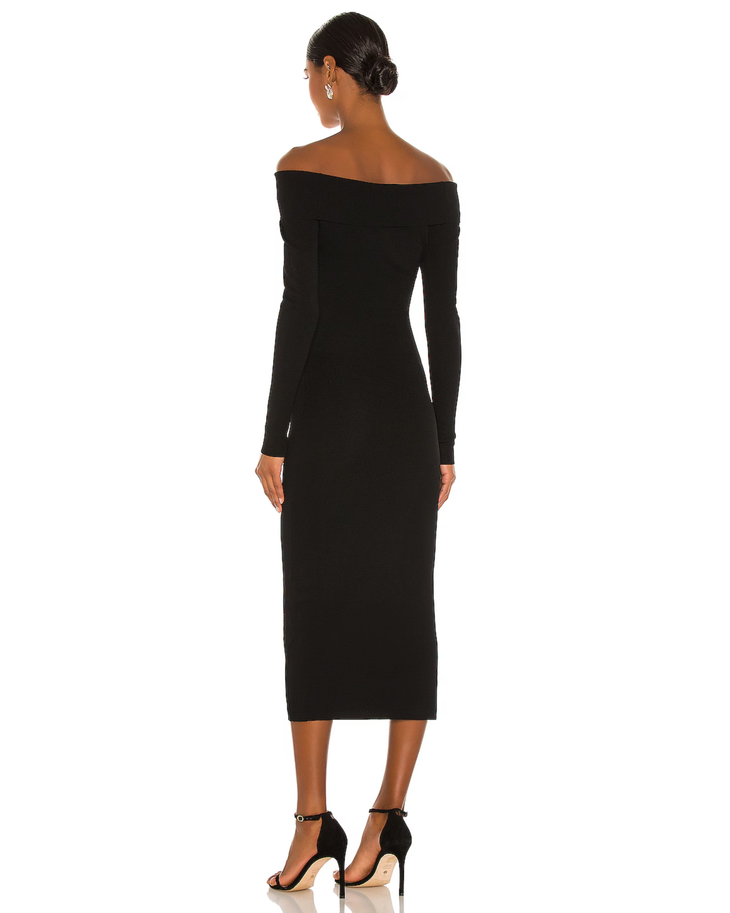 Black off-shoulder knit midi dress with long sleeves on model — Bardot | Endless UAE