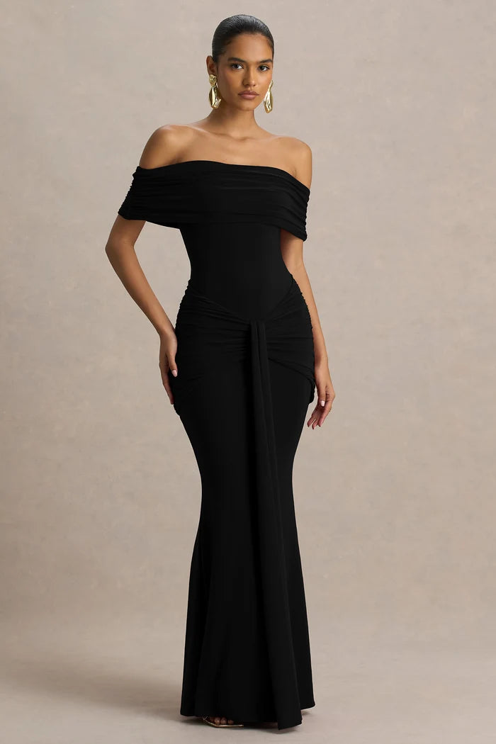 Black off-shoulder bardot maxi dress with ruched detail and mermaid silhouette — Club L London | Endless UAE