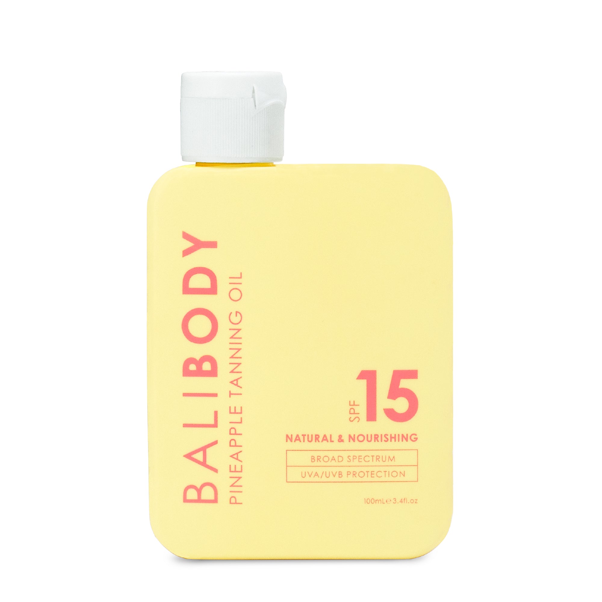 Bali Body Pineapple Tanning Oil SPF15 bottle with white cap on white background — Bali Body | Endless UAE