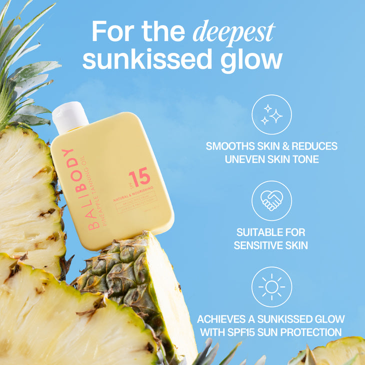 Bali Body Pineapple Tanning Oil SPF15 bottle with white cap on white background — Bali Body | Endless UAE