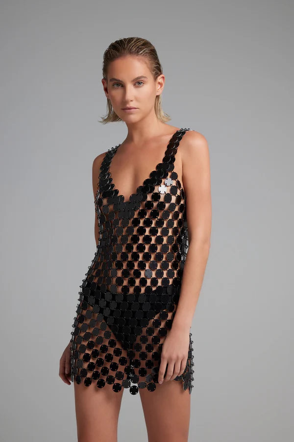 Black crochet mini dress with scalloped neckline and hem — Isabel Moore | Endless UAE
