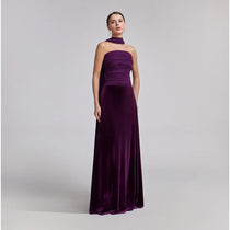 Woman wearing purple velvet strapless gown with draped chiffon scarf — Aleena | Endless UAE