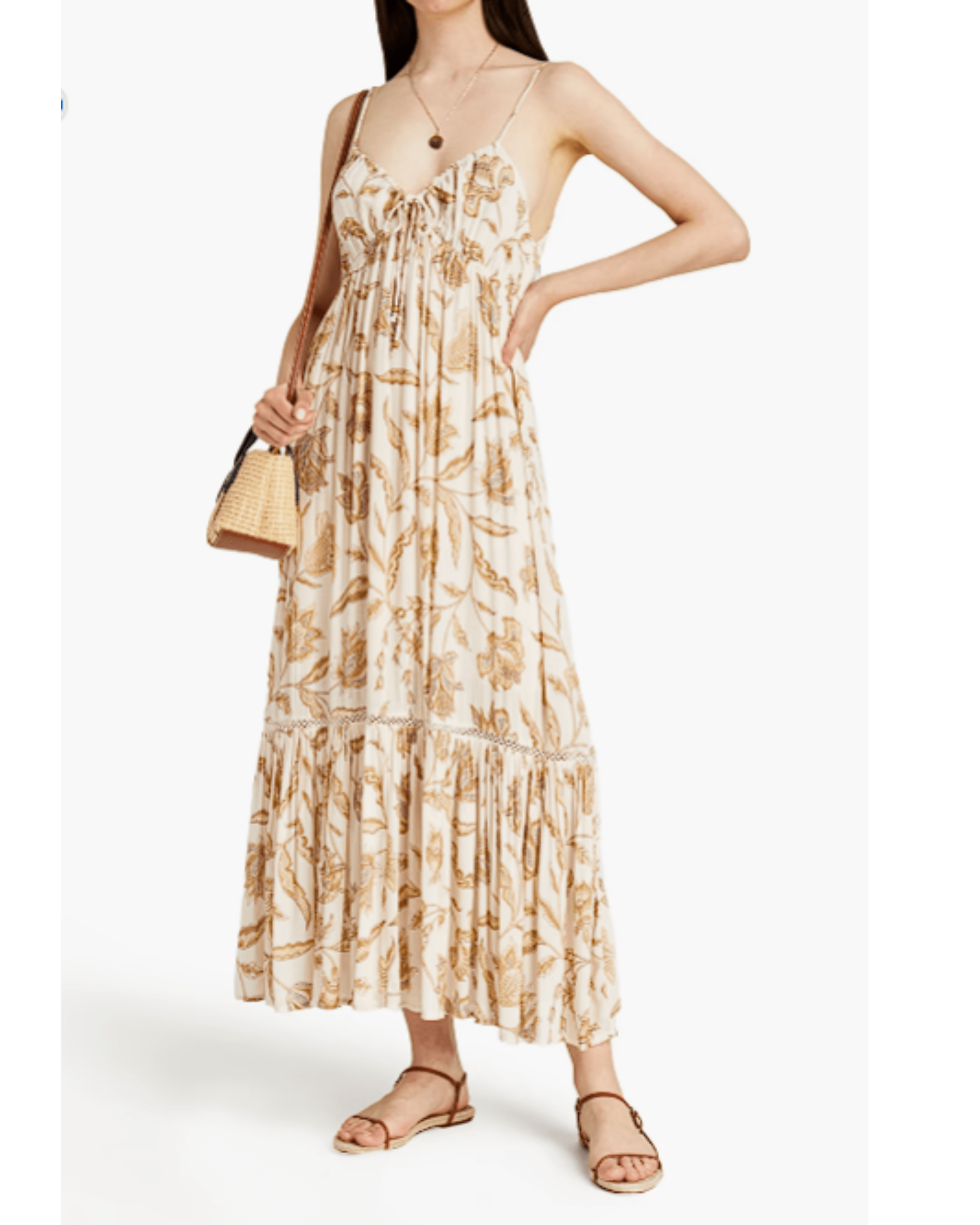 Floral-print gauze maxi dress with lace-up detail and tiered ruffle hem in cream and tan — Tiger Lilly | Endless UAE