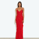 Red textured slip maxi dress with V-neckline and spaghetti straps featuring ruffle detailing — Rat & Boa | Endless UAE