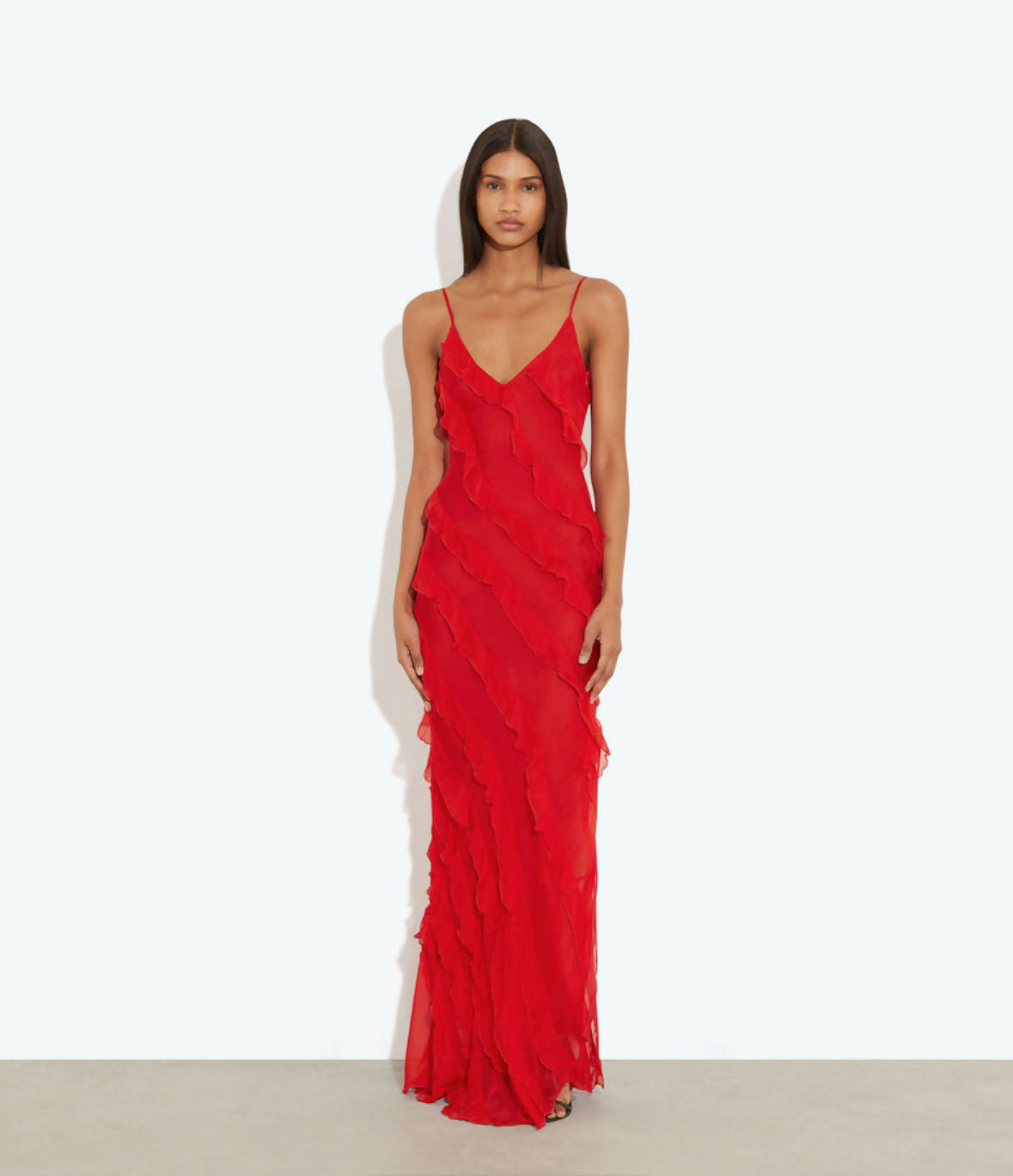 Red textured slip maxi dress with V-neckline and spaghetti straps featuring ruffle detailing — Rat & Boa | Endless UAE