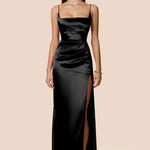 Black satin maxi gown with straight neckline, thin straps, and high leg slit — Nookie | Endless UAE