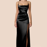 Black satin maxi gown with straight neckline, thin straps, and high leg slit — Nookie | Endless UAE