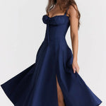 Woman wearing navy blue Carmen French Bustier Sundress with sweetheart neckline — Endless | Endless UAE