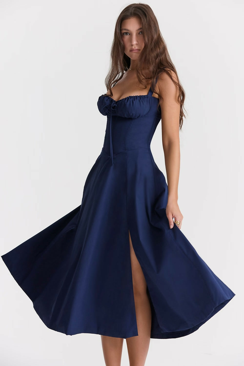 Woman wearing navy blue Carmen French Bustier Sundress with sweetheart neckline — Endless | Endless UAE