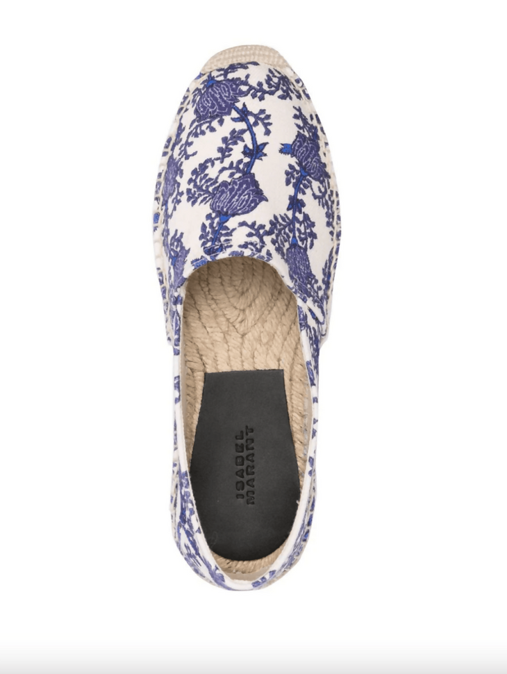 White espadrille shoes with blue floral embroidered pattern and natural jute sole — Isabel Marant | Endless UAE