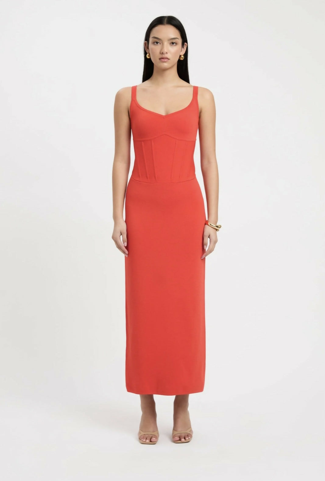 Woman wearing red sleeveless corset midi dress with sweetheart neckline — Kookai | Endless UAE