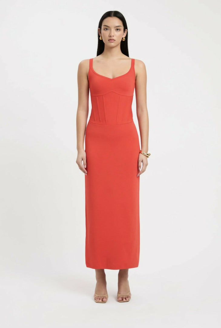 Woman wearing red sleeveless corset midi dress with sweetheart neckline — Kookai | Endless UAE