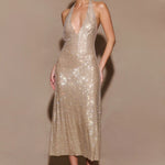 Champagne sequin halter midi dress with plunging neckline — Endless | Endless UAE
