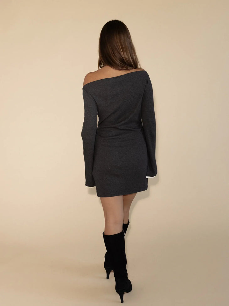 Lola Dress in charcoal with white cuff details and cold-shoulder neckline — Villa Melina | Endless UAE