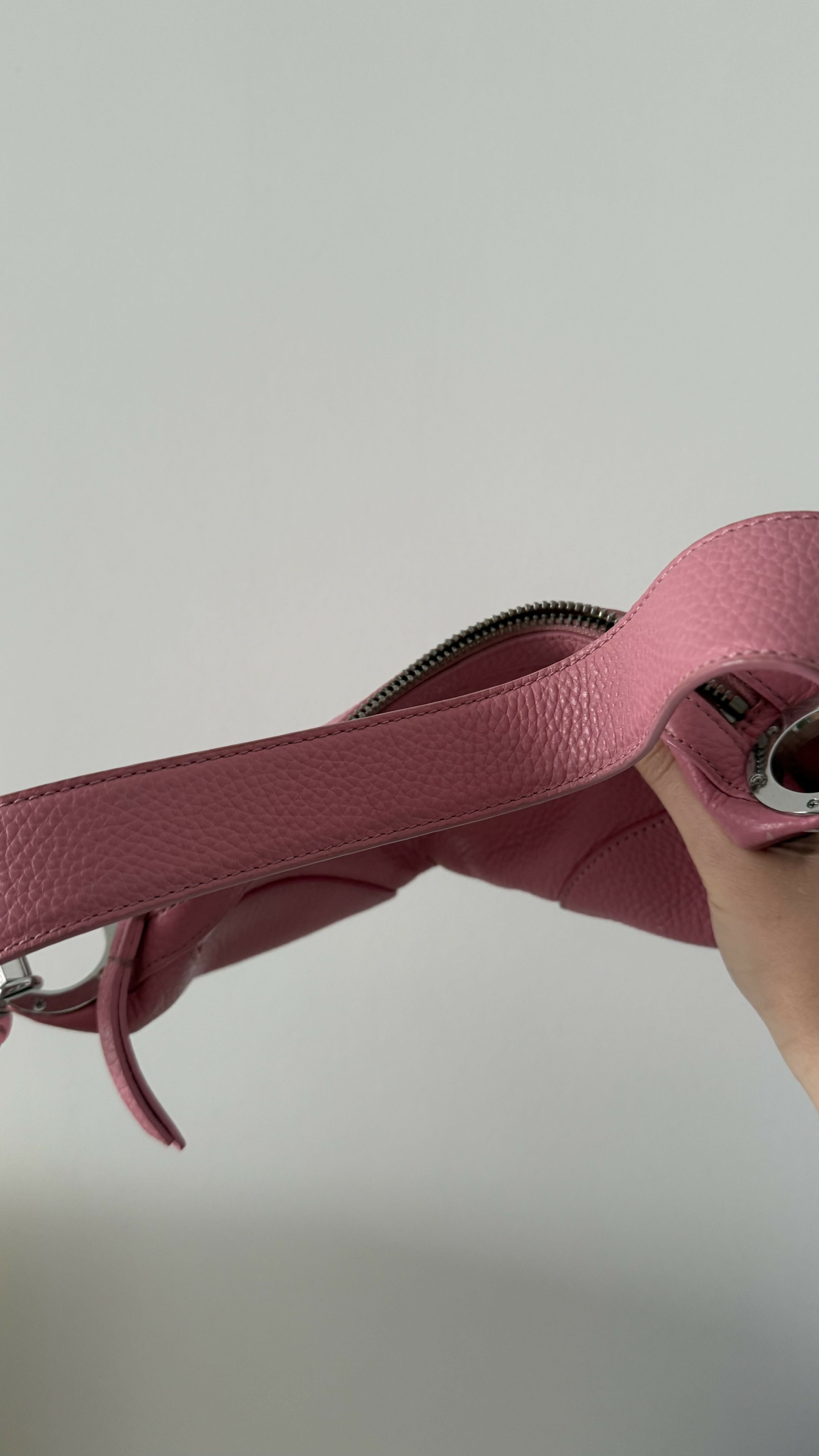 Pink leather mini shoulder bag with dual handles displayed against neutral background — By Far | Endless UAE