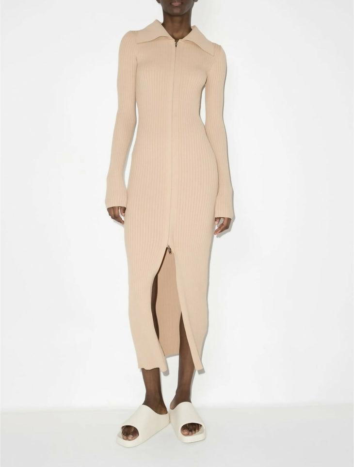 Beige ribbed knit midi dress with collar, front zipper, long sleeves, and front slit — Nanushka | Endless UAE