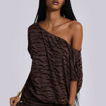 Dark brown zebra print velvet burnout mini dress with off-shoulder design and backless detail — Jaded London | Endless UAE