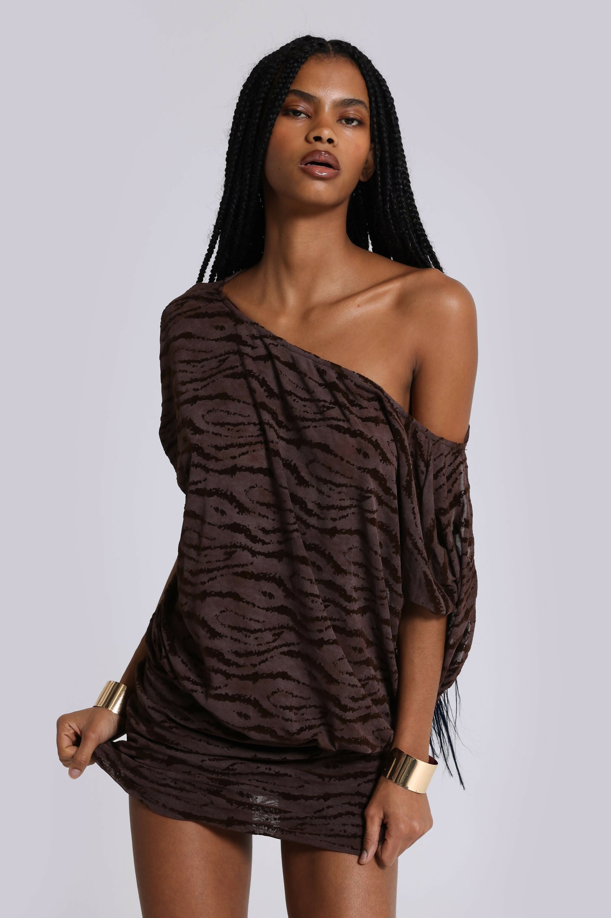 Dark brown zebra print velvet burnout mini dress with off-shoulder design and backless detail — Jaded London | Endless UAE
