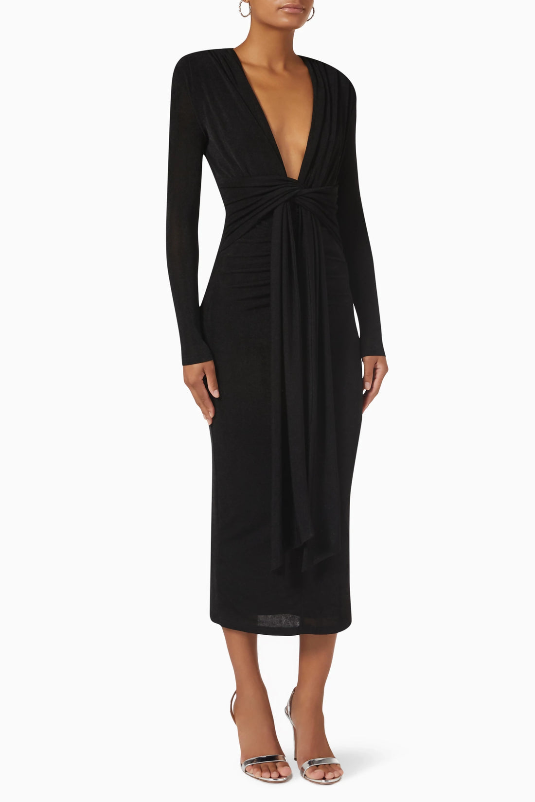 Black long-sleeve midi dress with deep V-neckline and twisted front detail — Misha | Endless UAE