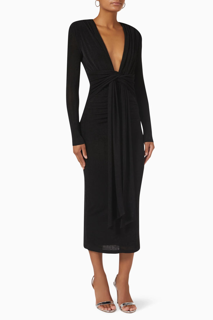 Black long-sleeve midi dress with deep V-neckline and twisted front detail — Misha | Endless UAE