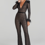 Rachel Black Jumpsuit with sequin detailing, feathered cuffs, and flared legs — Nadine Merabi | Endless UAE