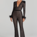 Rachel Black Jumpsuit with sequin detailing, feathered cuffs, and flared legs — Nadine Merabi | Endless UAE