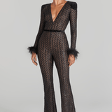 Rachel Black Jumpsuit with sequin detailing, feathered cuffs, and flared legs — Nadine Merabi | Endless UAE