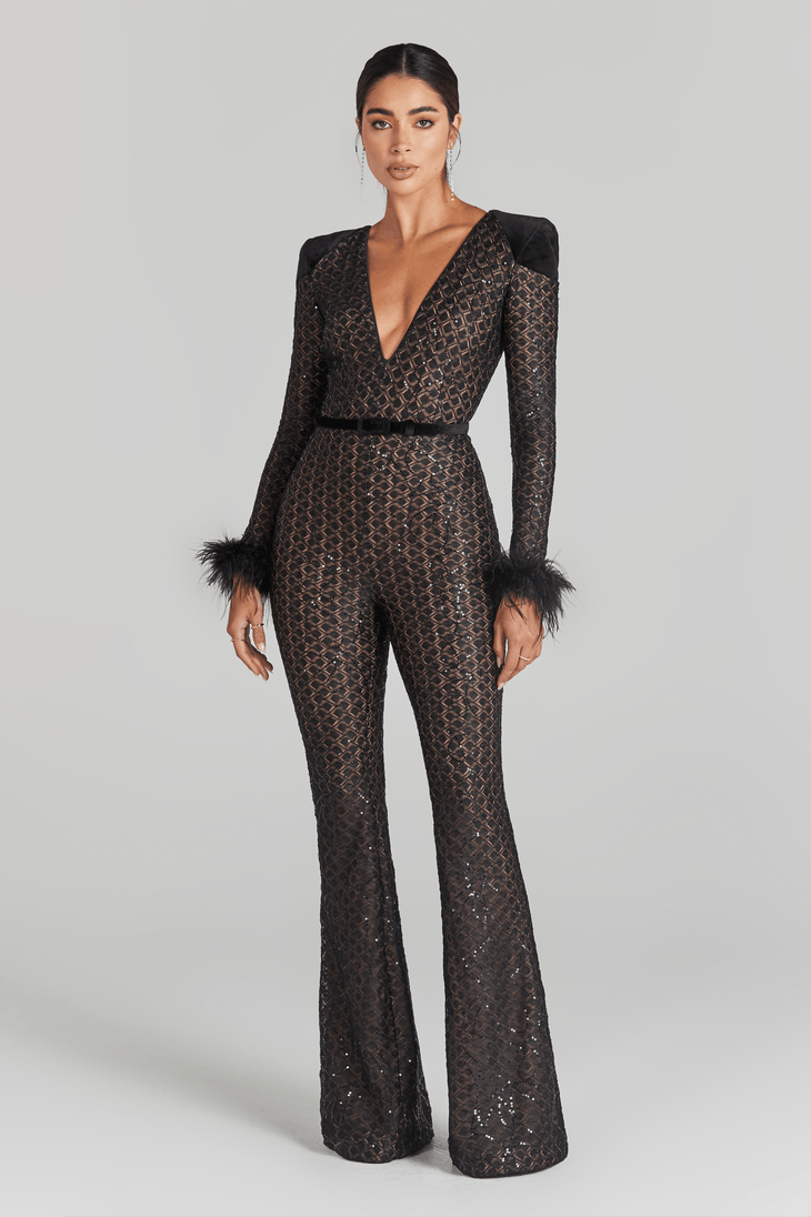 Rachel Black Jumpsuit with sequin detailing, feathered cuffs, and flared legs — Nadine Merabi | Endless UAE