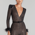 Rachel Black Jumpsuit with sequin detailing, feathered cuffs, and flared legs — Nadine Merabi | Endless UAE