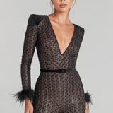 Rachel Black Jumpsuit with sequin detailing, feathered cuffs, and flared legs — Nadine Merabi | Endless UAE