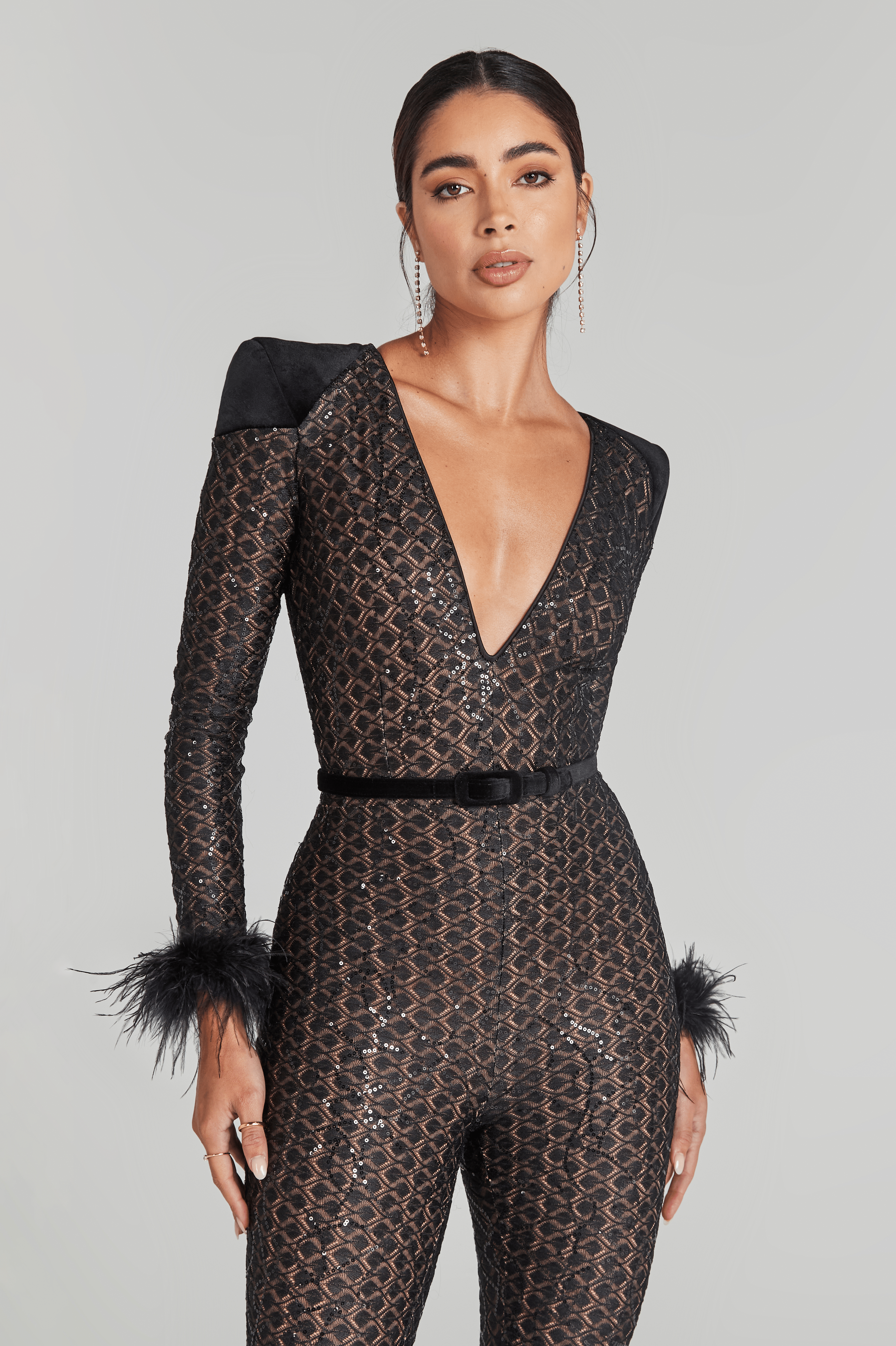 Rachel Black Jumpsuit with sequin detailing, feathered cuffs, and flared legs — Nadine Merabi | Endless UAE