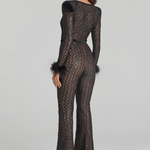 Rachel Black Jumpsuit with sequin detailing, feathered cuffs, and flared legs — Nadine Merabi | Endless UAE