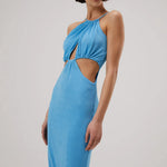 Blue halter neck midi dress with cutout waist detail and gathered bodice on model — Misha | Endless UAE
