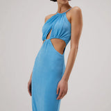 Blue halter neck midi dress with cutout waist detail and gathered bodice on model — Misha | Endless UAE