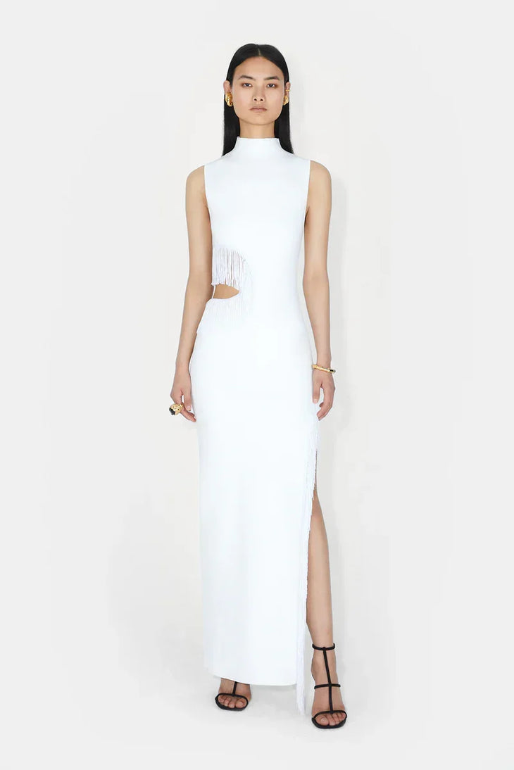 White sleeveless beaded maxi dress with cutout detail and high slit — Galvan | Endless UAE