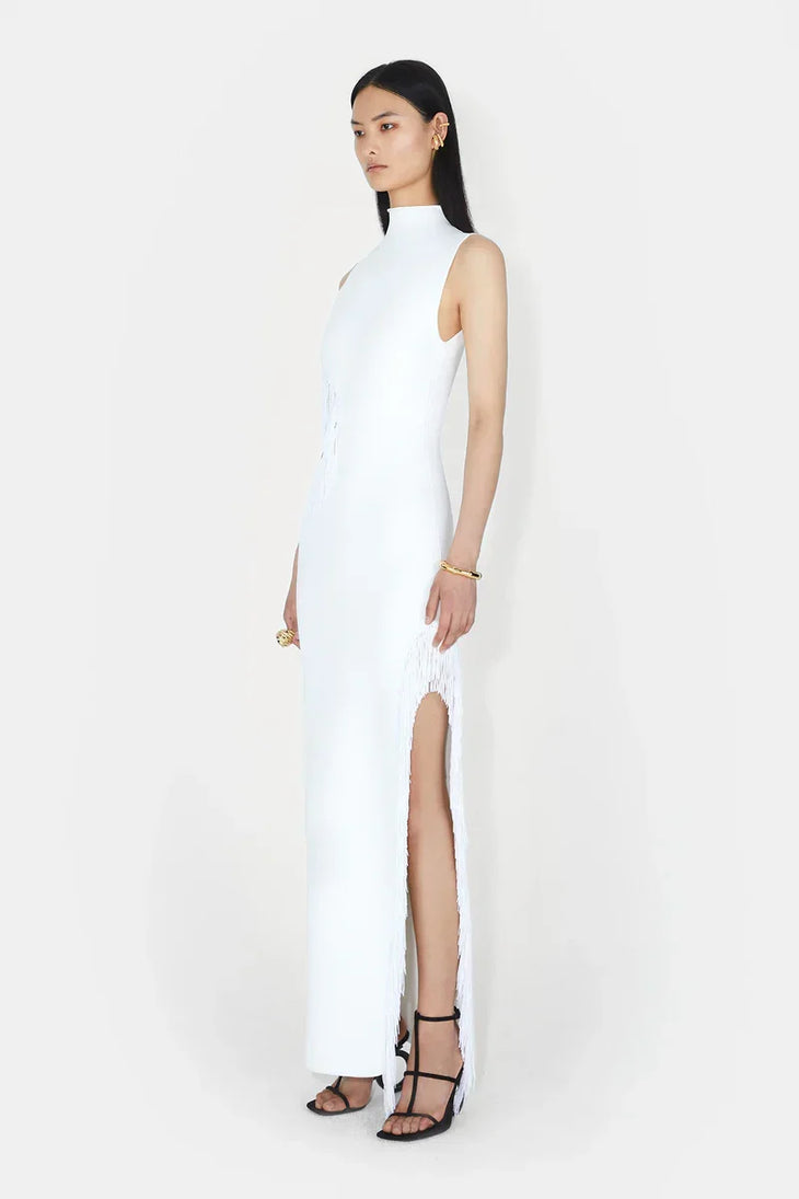 White sleeveless beaded maxi dress with cutout detail and high slit — Galvan | Endless UAE
