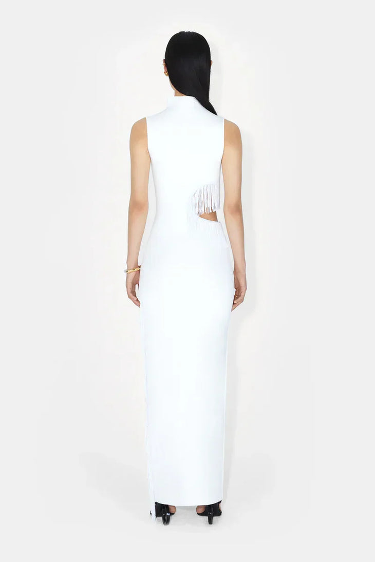 White sleeveless beaded maxi dress with cutout detail and high slit — Galvan | Endless UAE