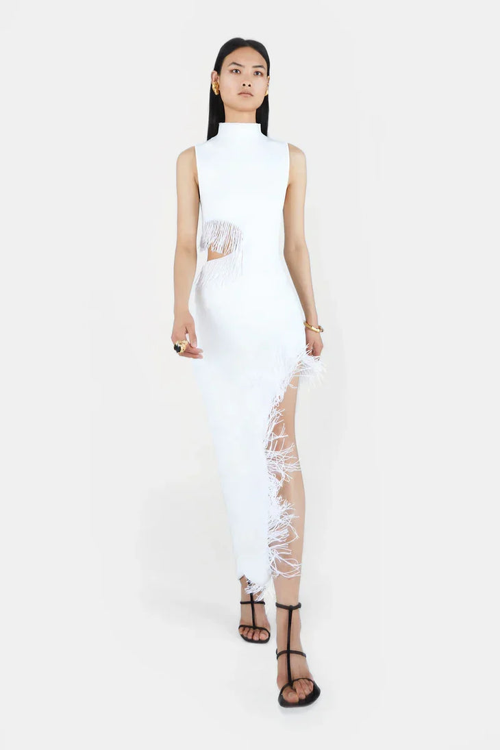 White sleeveless beaded maxi dress with cutout detail and high slit — Galvan | Endless UAE