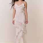 Woman modeling a cream floral ruffled maxi dress with delicate pastel details — LoveShackFancy | Endless UAE