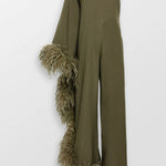 Olive one-shoulder jumpsuit with feathered trim details — Taller Marmo | Endless UAE
