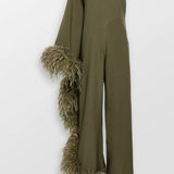 Olive one-shoulder jumpsuit with feathered trim details — Taller Marmo | Endless UAE