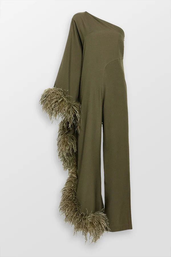 Olive one-shoulder jumpsuit with feathered trim details — Taller Marmo | Endless UAE