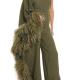 Olive one-shoulder jumpsuit with feathered trim details — Taller Marmo | Endless UAE